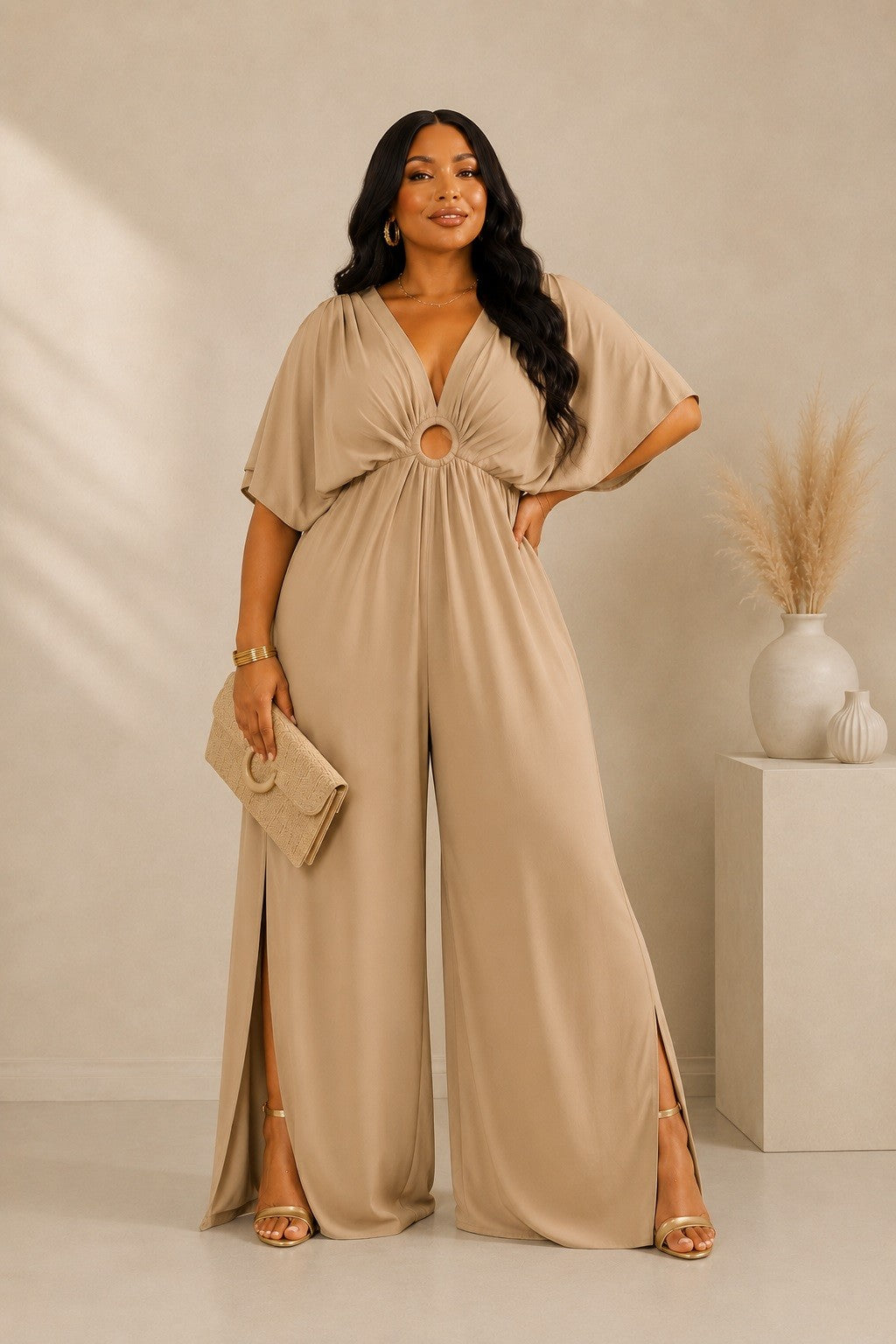 V-NECK O-RING ATTACHED JUMPSUIT