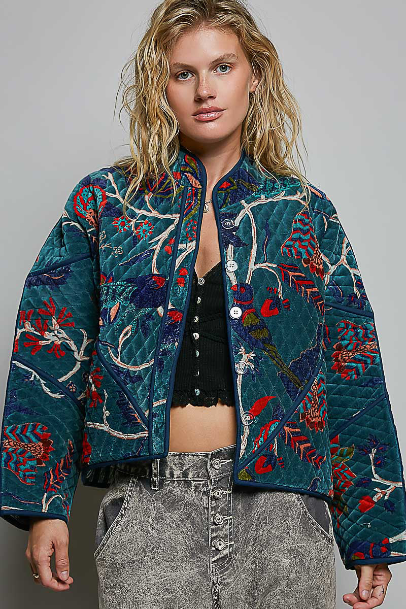 QUILTED VELVET KIMONO JACKET-TEAL