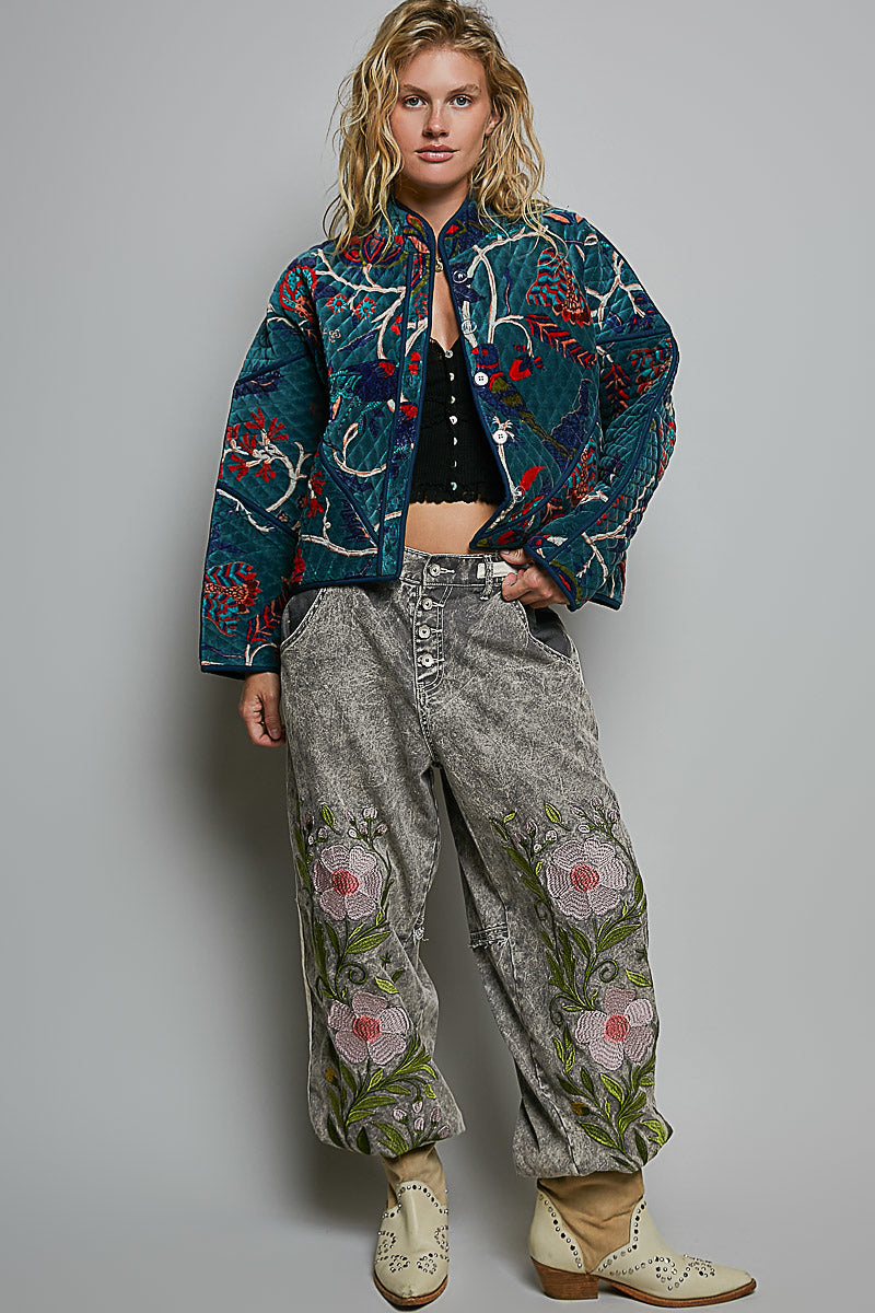 QUILTED VELVET KIMONO JACKET-TEAL