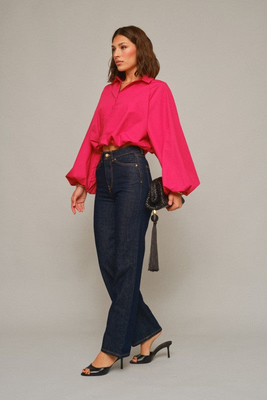 CROPPED ELASTIC-HEM BALLOON SLEEVE BLOUSE-RUBY PINK
