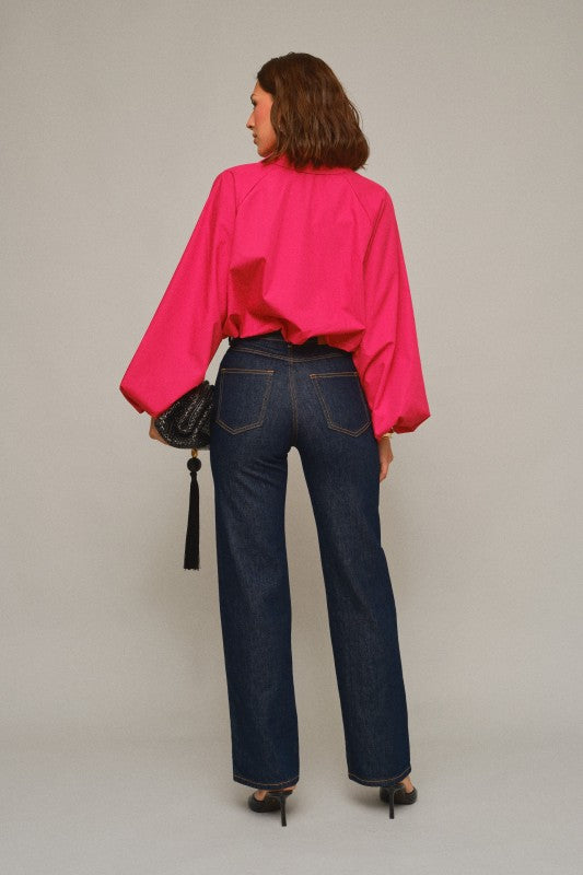 CROPPED ELASTIC-HEM BALLOON SLEEVE BLOUSE-RUBY PINK