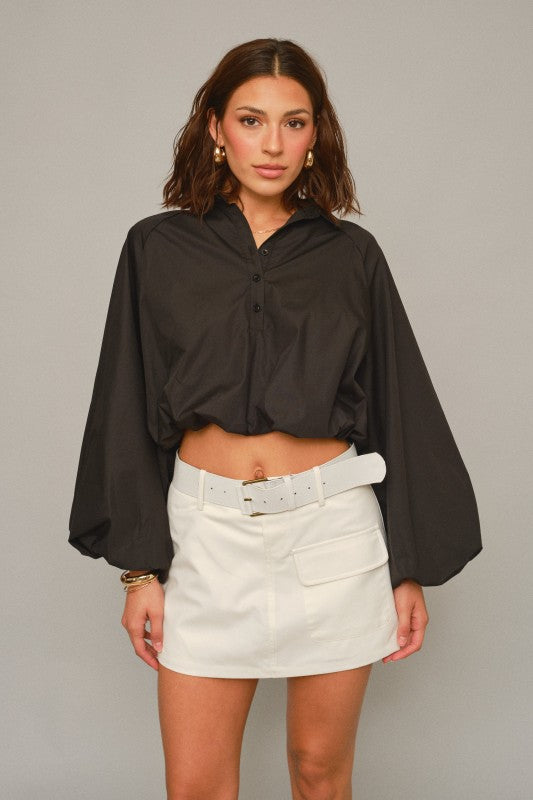 CROPPED ELASTIC-HEM BALLOON SLEEVE BLOUSE-BLACK