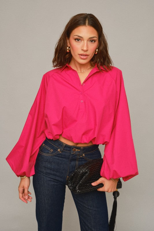 CROPPED ELASTIC-HEM BALLOON SLEEVE BLOUSE-RUBY PINK