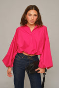 CROPPED ELASTIC-HEM BALLOON SLEEVE BLOUSE-RUBY PINK