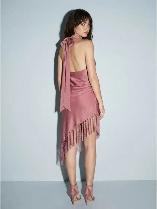 COWL NECK SATIN ASYMMETRICAL FRINGE HALTER DRESS