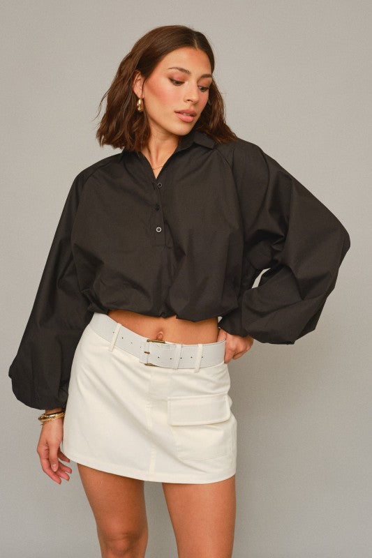 CROPPED ELASTIC-HEM BALLOON SLEEVE BLOUSE-BLACK