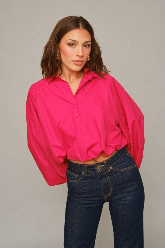 CROPPED ELASTIC-HEM BALLOON SLEEVE BLOUSE-RUBY PINK