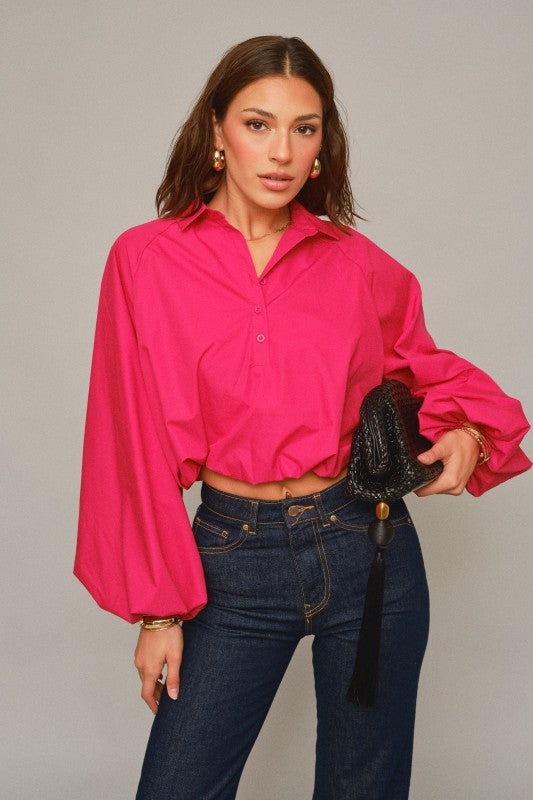 CROPPED ELASTIC-HEM BALLOON SLEEVE BLOUSE-RUBY PINK