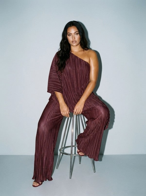 PLUS PLEATED ONE SHOULDER TUNIC TOP AND PANT SET
