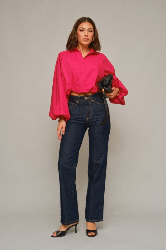 CROPPED ELASTIC-HEM BALLOON SLEEVE BLOUSE-RUBY PINK