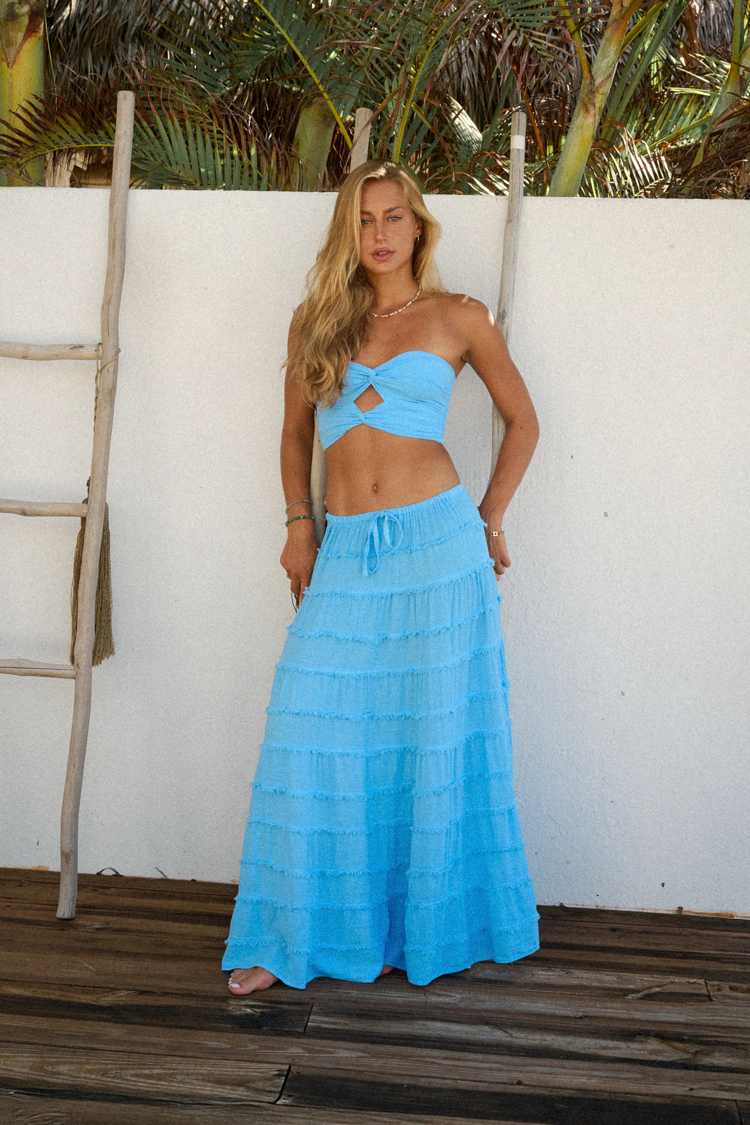 FLOWY FRAYED SKIRT AQUA