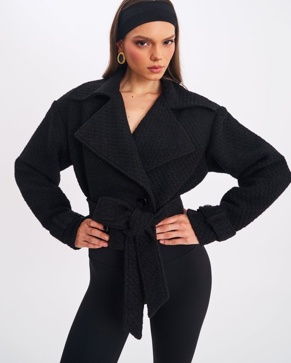 DARA BLACK WOOL BLEND CROPPED DOUBLE-BREASTED BELTED COAT
