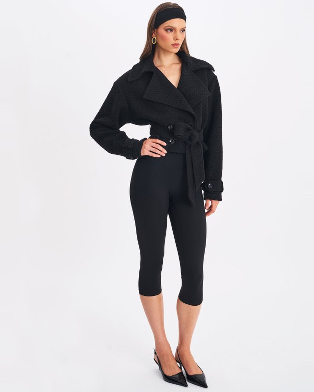DARA BLACK WOOL BLEND CROPPED DOUBLE-BREASTED BELTED COAT