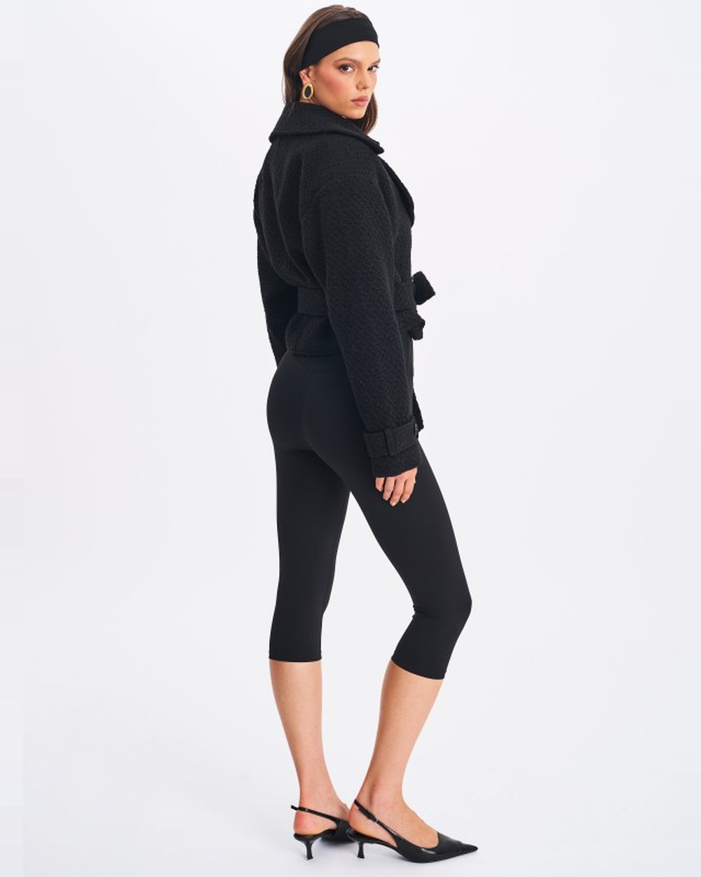 DARA BLACK WOOL BLEND CROPPED DOUBLE-BREASTED BELTED COAT