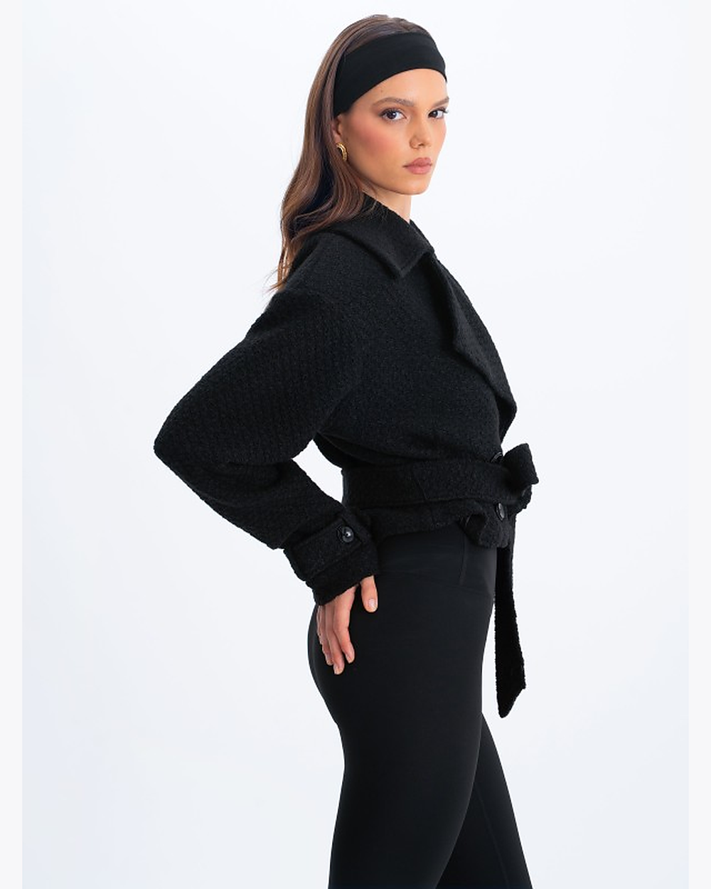 DARA BLACK WOOL BLEND CROPPED DOUBLE-BREASTED BELTED COAT