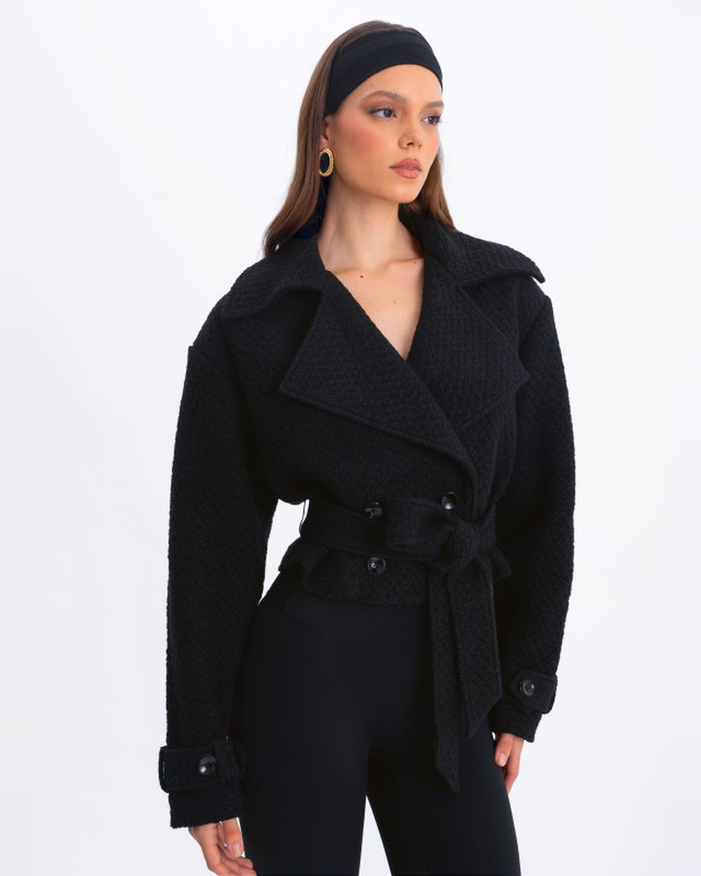 DARA BLACK WOOL BLEND CROPPED DOUBLE-BREASTED BELTED COAT