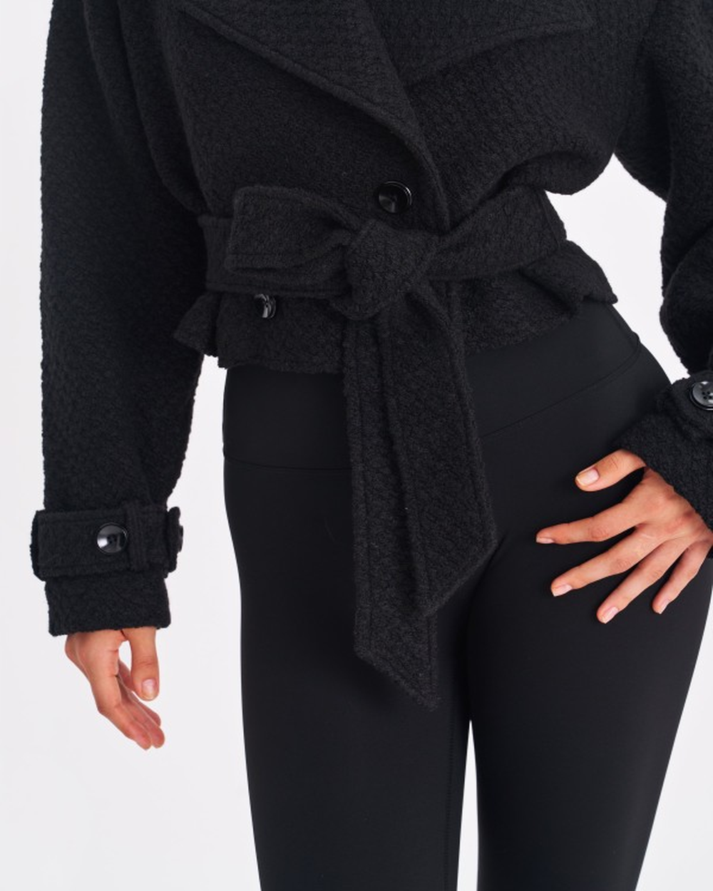 DARA BLACK WOOL BLEND CROPPED DOUBLE-BREASTED BELTED COAT