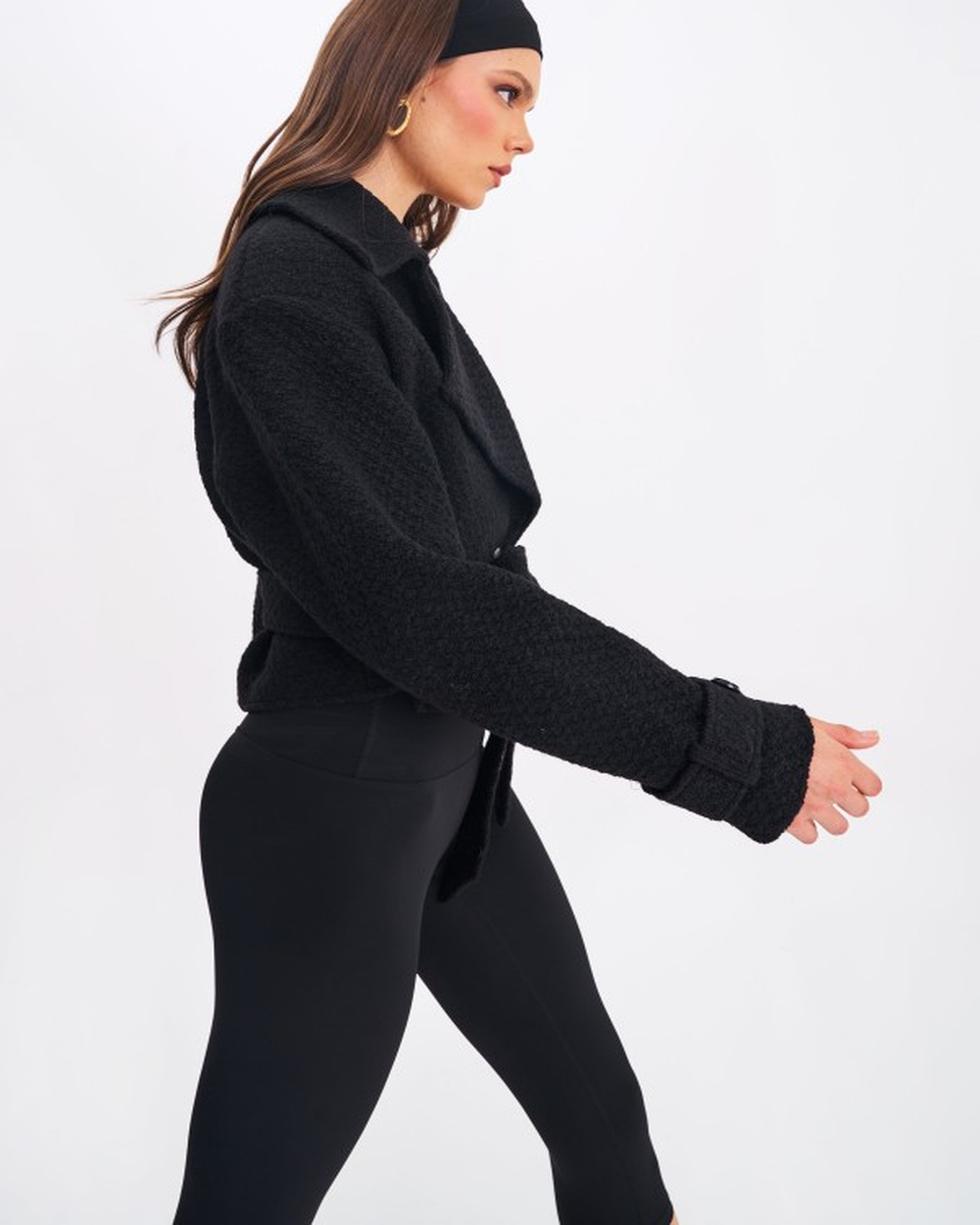 DARA BLACK WOOL BLEND CROPPED DOUBLE-BREASTED BELTED COAT