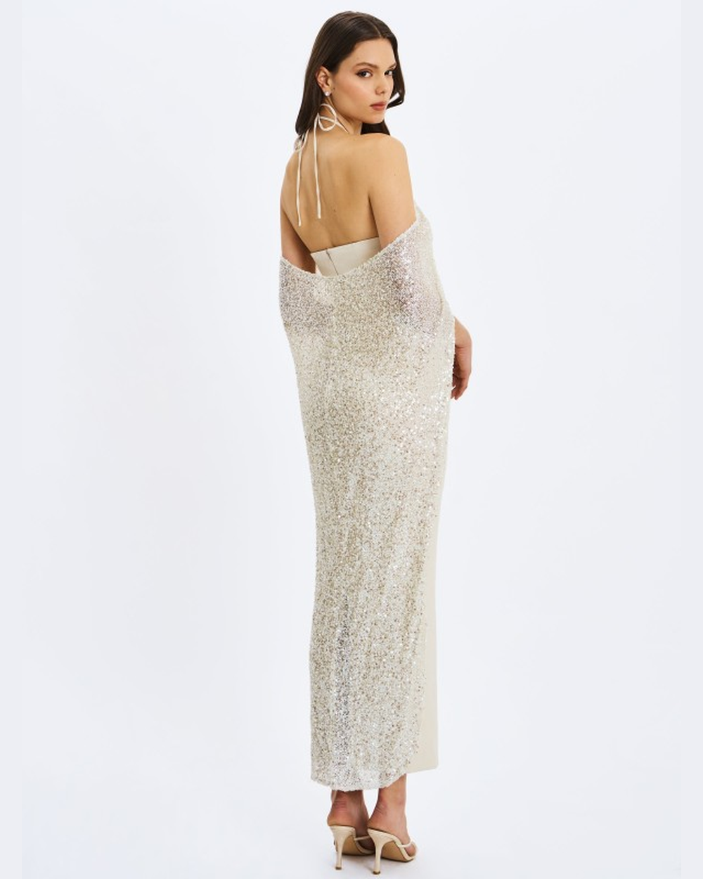 QUIMERA ALMOND BEADED CAPE HALTER OFF-SHOULDER MAXI GOWN