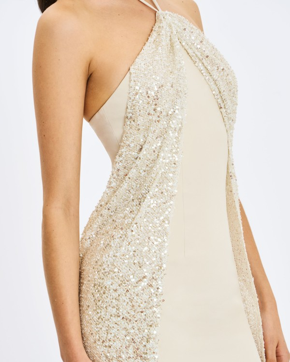 QUIMERA ALMOND BEADED CAPE HALTER OFF-SHOULDER MAXI GOWN