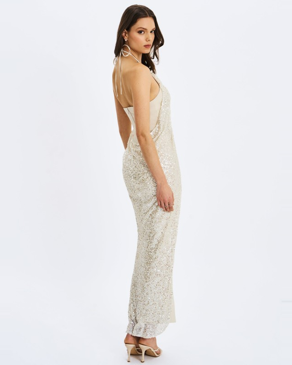 QUIMERA ALMOND BEADED CAPE HALTER OFF-SHOULDER MAXI GOWN