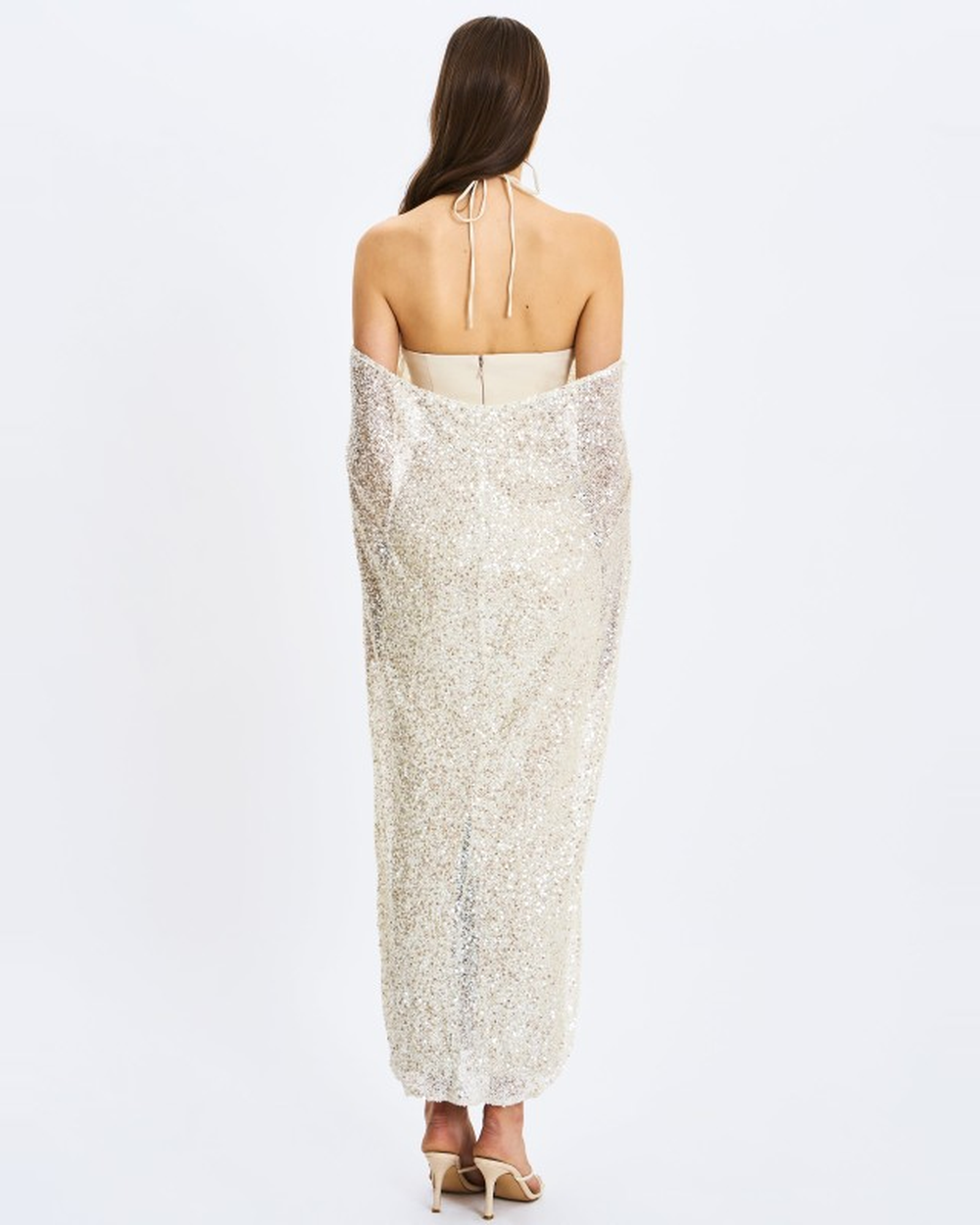 QUIMERA ALMOND BEADED CAPE HALTER OFF-SHOULDER MAXI GOWN
