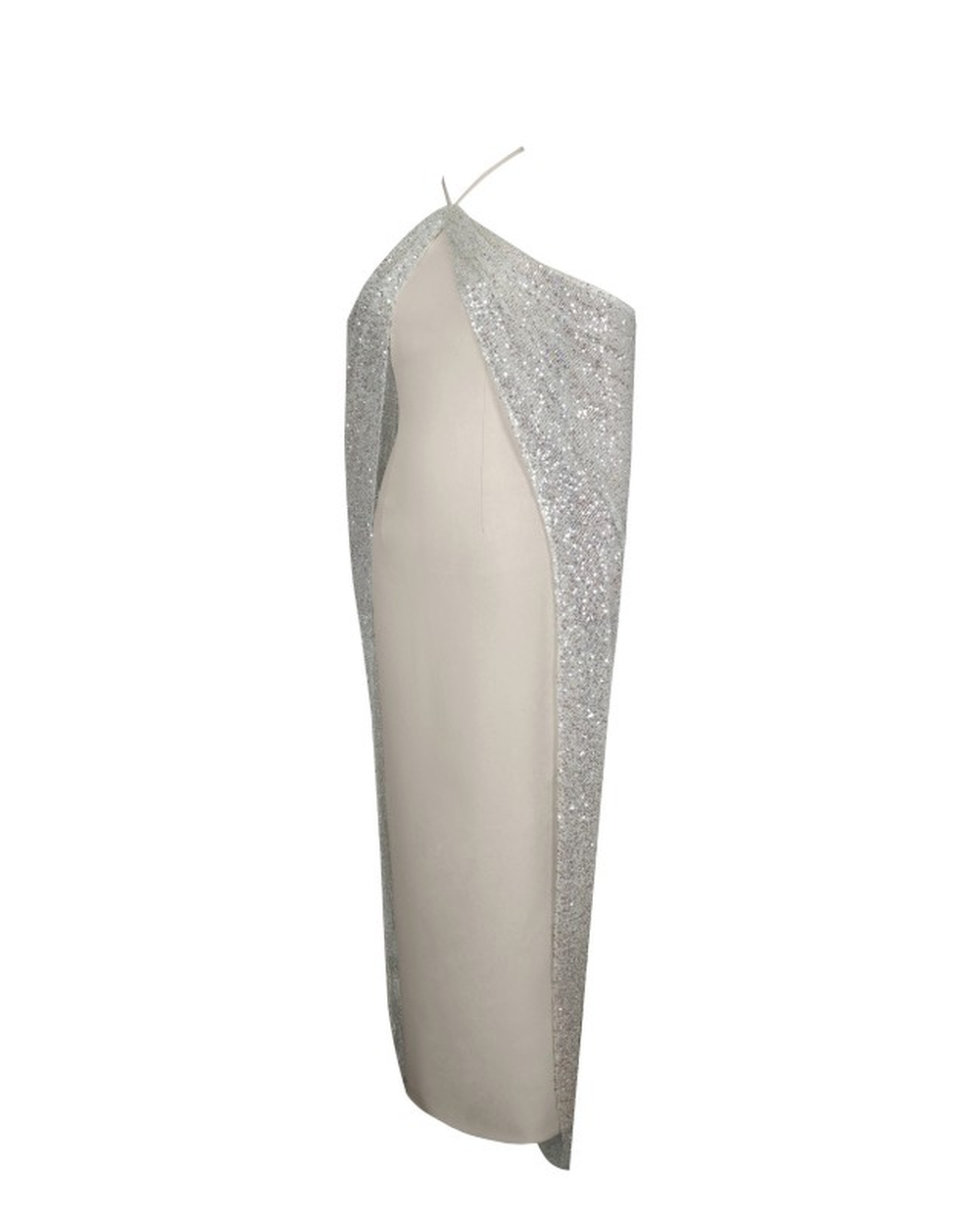 QUIMERA ALMOND BEADED CAPE HALTER OFF-SHOULDER MAXI GOWN