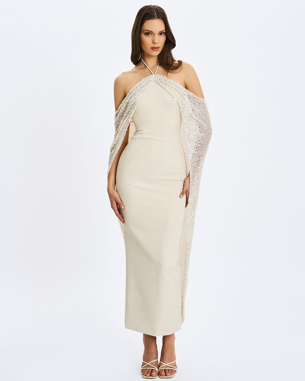 QUIMERA ALMOND BEADED CAPE HALTER OFF-SHOULDER MAXI GOWN