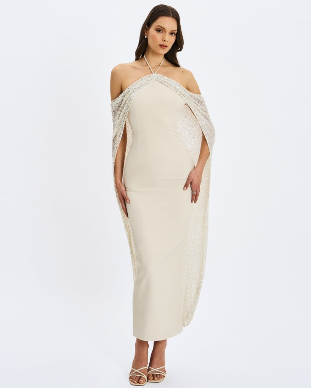 QUIMERA ALMOND BEADED CAPE HALTER OFF-SHOULDER MAXI GOWN