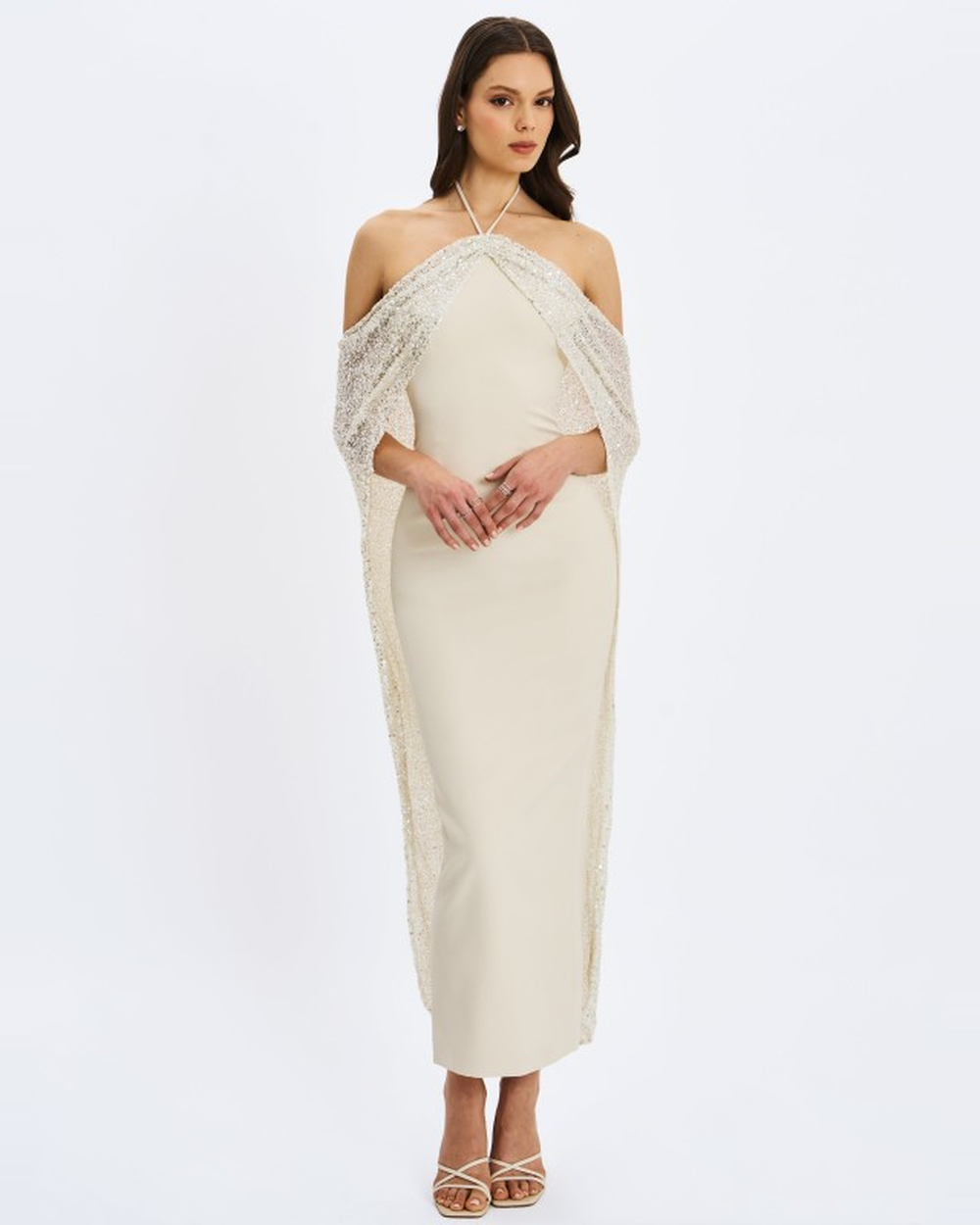 QUIMERA ALMOND BEADED CAPE HALTER OFF-SHOULDER MAXI GOWN