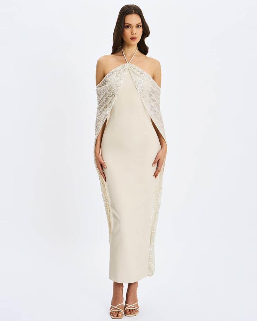 QUIMERA ALMOND BEADED CAPE HALTER OFF-SHOULDER MAXI GOWN