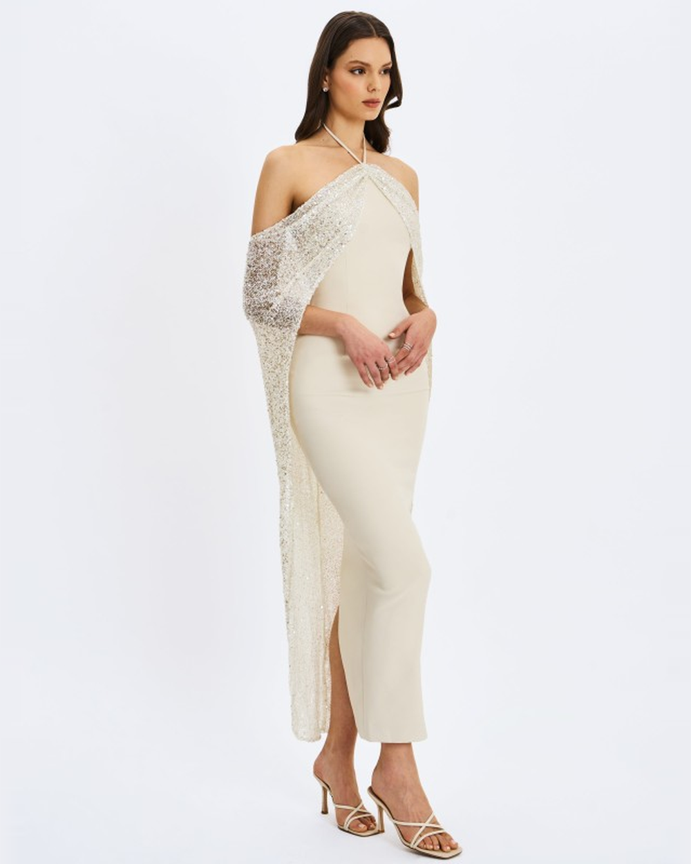 QUIMERA ALMOND BEADED CAPE HALTER OFF-SHOULDER MAXI GOWN