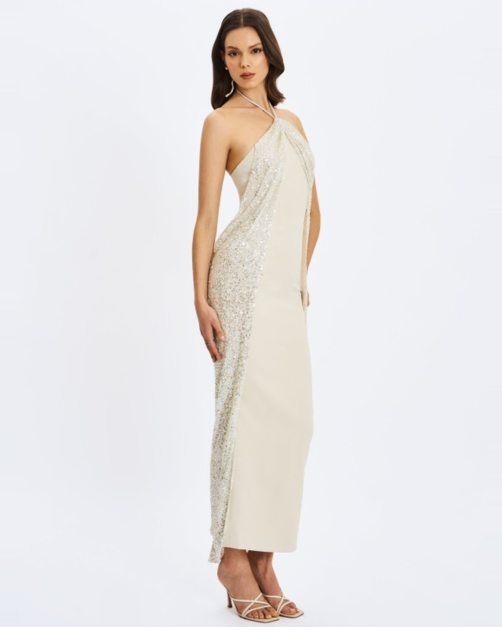 QUIMERA ALMOND BEADED CAPE HALTER OFF-SHOULDER MAXI GOWN