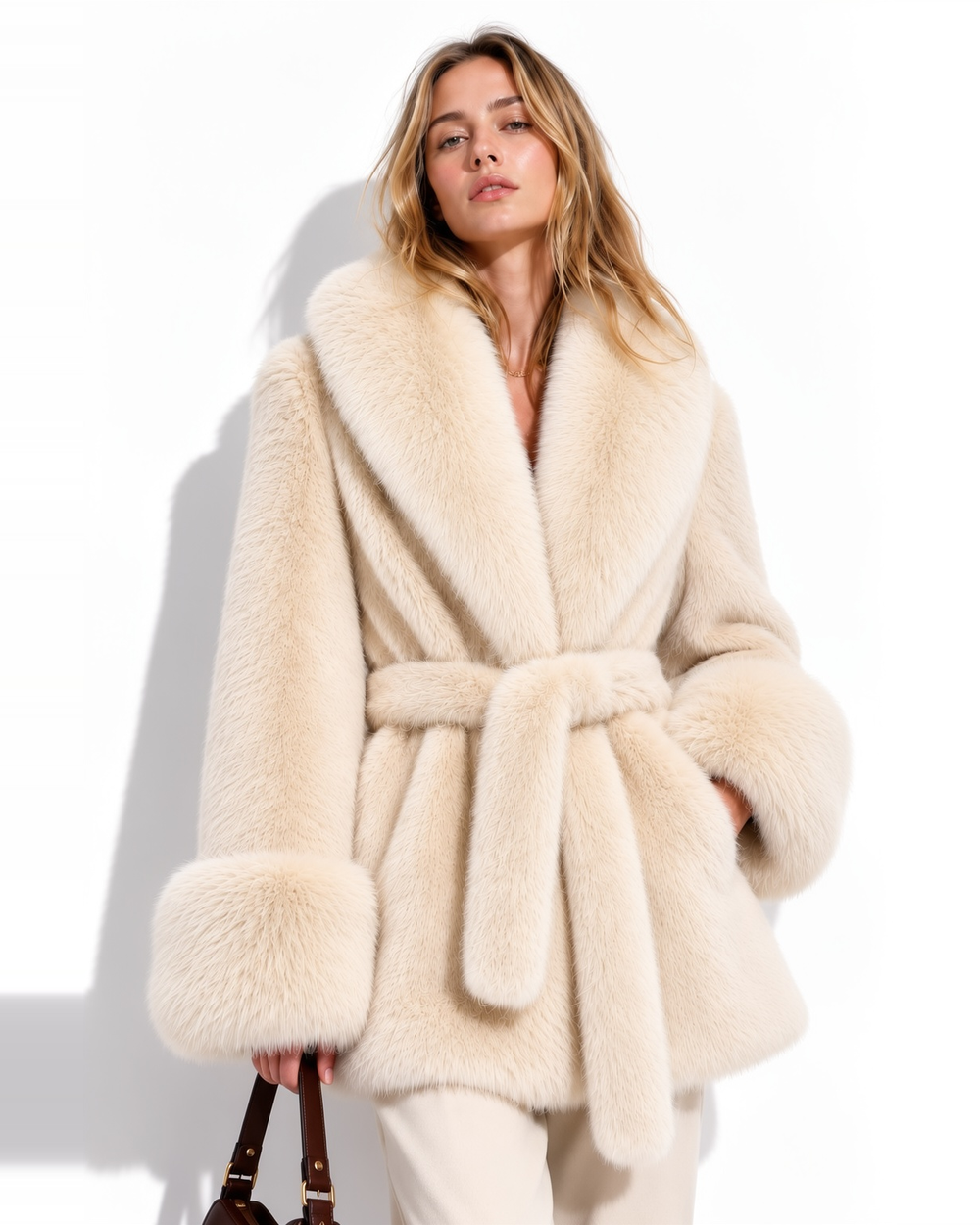 TEDDY FAUX FUR COAT WITH BELT | CREME WINTER ELEGANCE