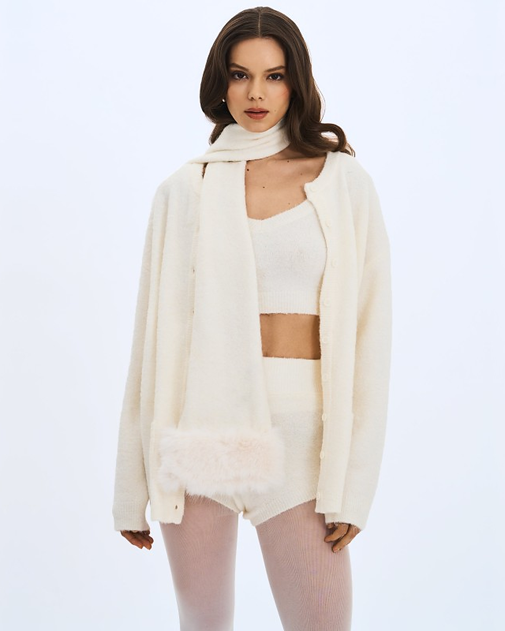 SELMA WHITE WOOL-BLEND RIBBED KNIT SCARF