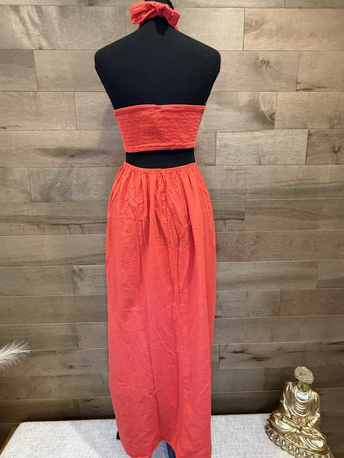 COCONUT HALTER LONG DRESS WITH CUT OUT - CHERRY