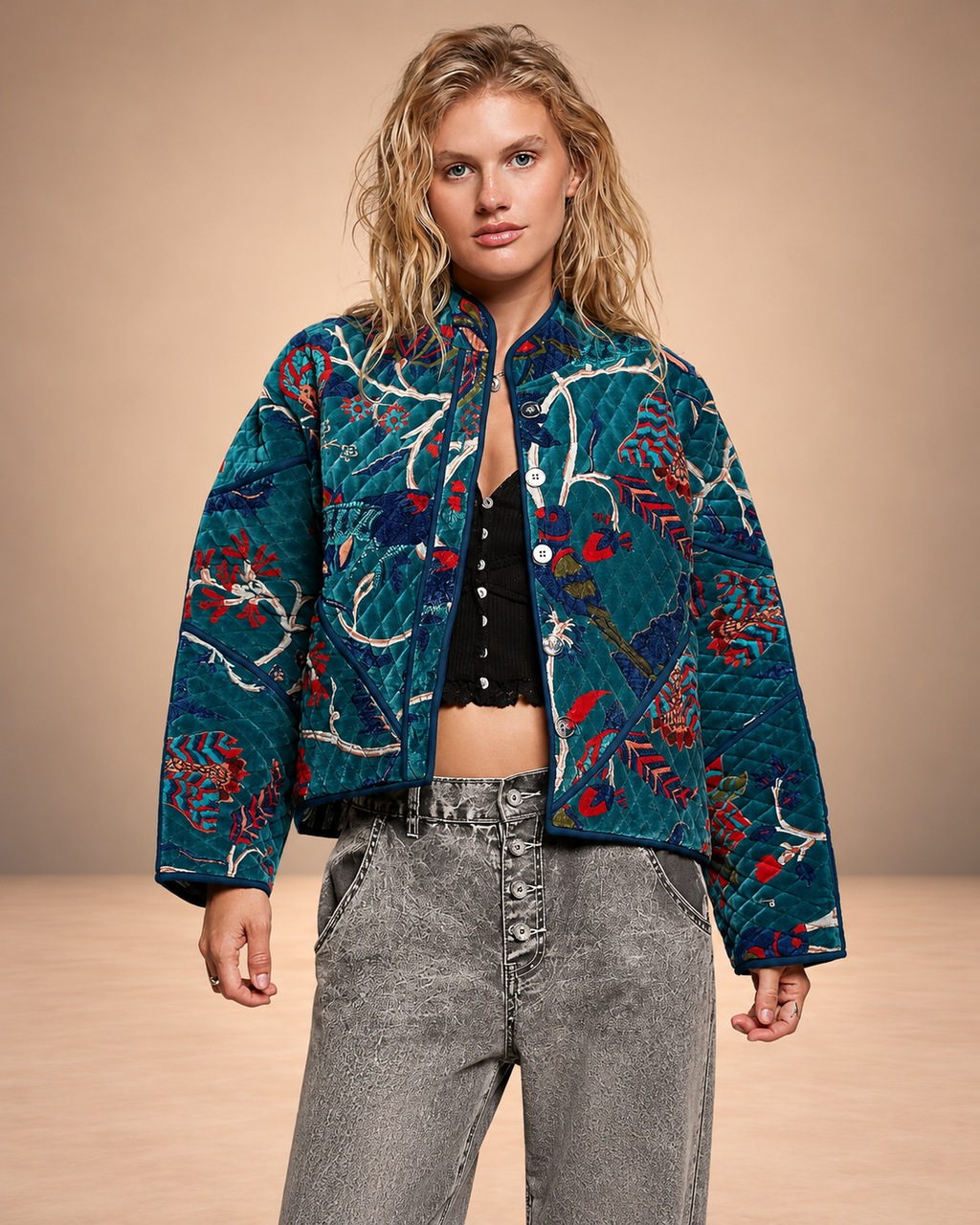 QUILTED VELVET KIMONO JACKET-TEAL