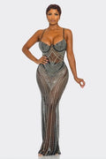 RHINESTONE SHEER MESH MAXI DRESS