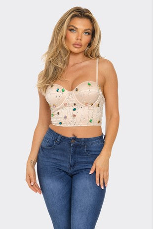 SATIN COLORFUL JEWEL STUD CROP TOP