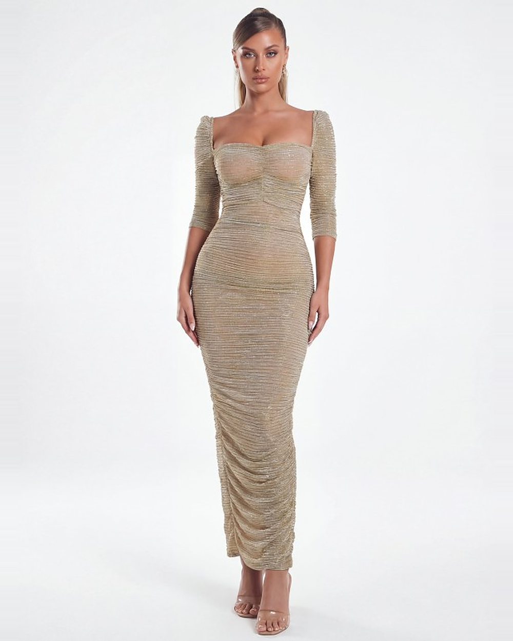 SORREL GOLD RUCHED CHIFFON LONG MAXI DRESS