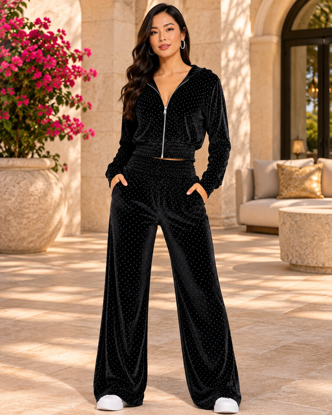 BLING RHINESTUDS VELVET JACKET WITH PANTS SET