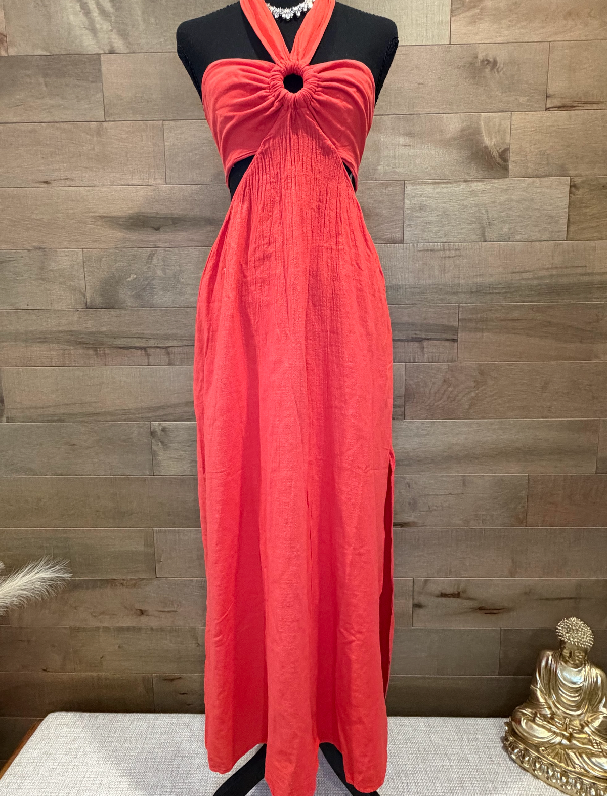 COCONUT HALTER LONG DRESS WITH CUT OUT - CHERRY