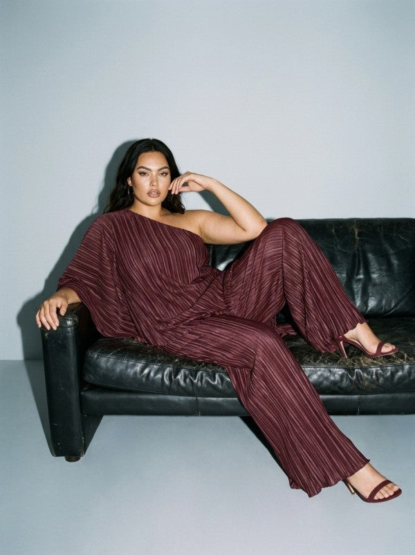 PLUS PLEATED ONE SHOULDER TUNIC TOP AND PANT SET