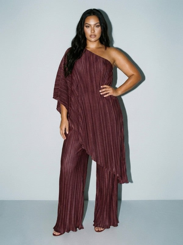 PLUS PLEATED ONE SHOULDER TUNIC TOP AND PANT SET